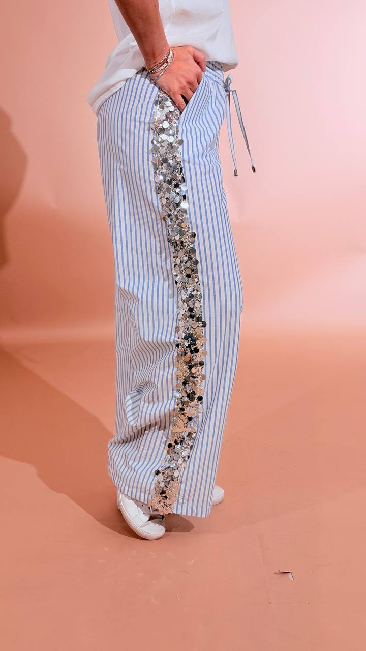 MOTEL Pantalone banda paillettes Azzurro