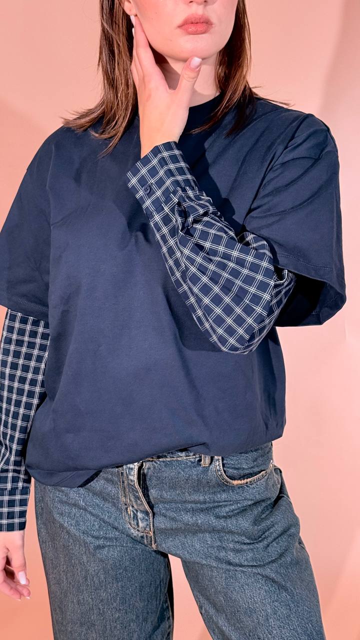 ELEH "grace" tshirt manica check EFW260032 BLU 