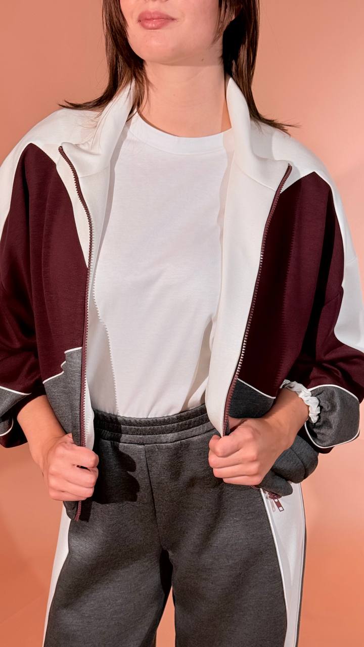 KONTATTO "olivia" bomber inserti tricolor full zip CO2022C PANNA/BORDEUAX/GRIGIO 