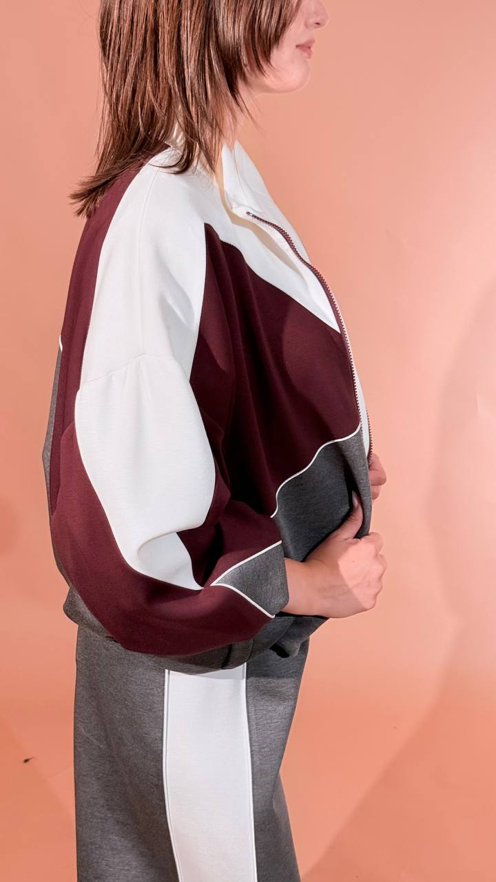KONTATTO "olivia" bomber inserti tricolor full zip CO2022C PANNA/BORDEUAX/GRIGIO 