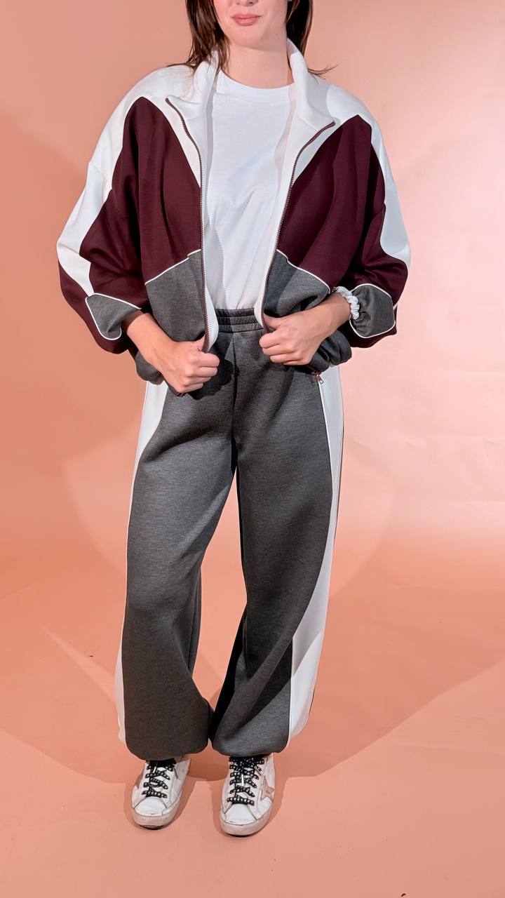 KONTATTO "olivia" bomber inserti tricolor full zip CO2022C PANNA/BORDEUAX/GRIGIO 