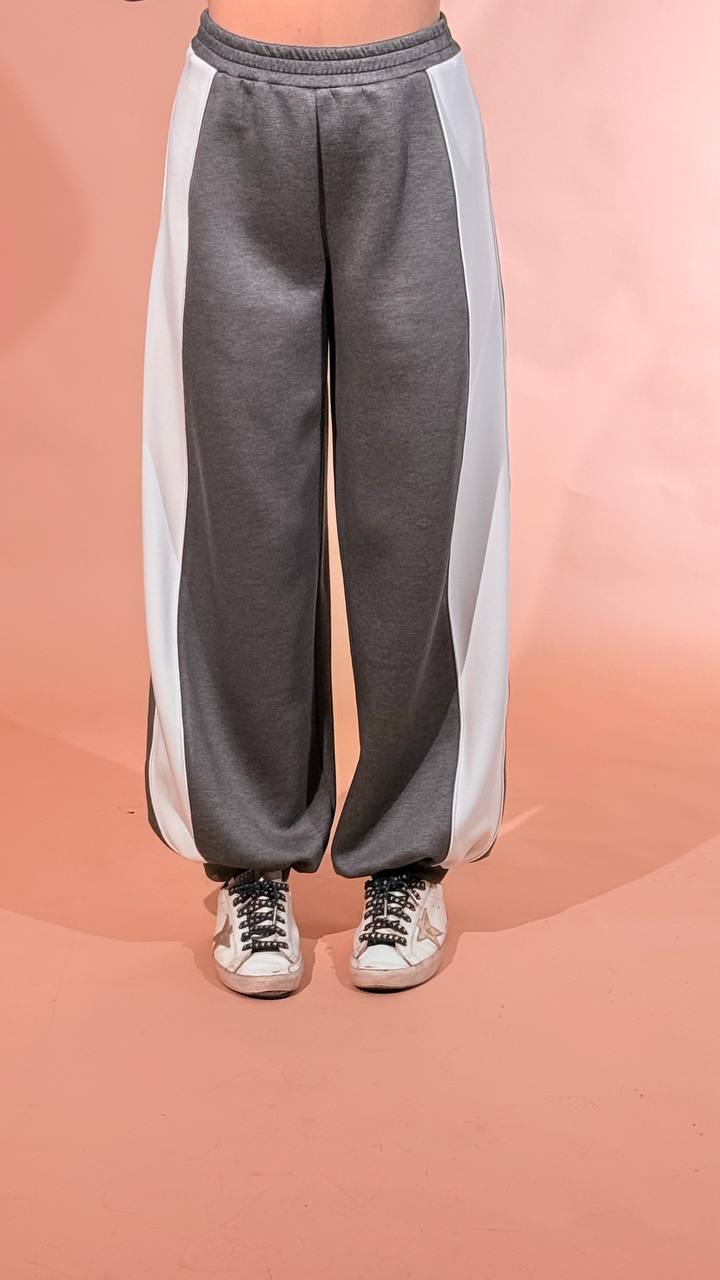 KONTATTO "olivia" pants bicolor elastico in vita polsino sul fondo CO2023C GRIGIO/PANNA 