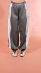 KONTATTO "olivia" pants bicolor elastico in vita polsino sul fondo CO2023C GRIGIO/PANNA 
