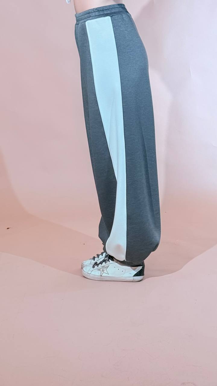 KONTATTO "olivia" pants bicolor elastico in vita polsino sul fondo CO2023C GRIGIO/PANNA 
