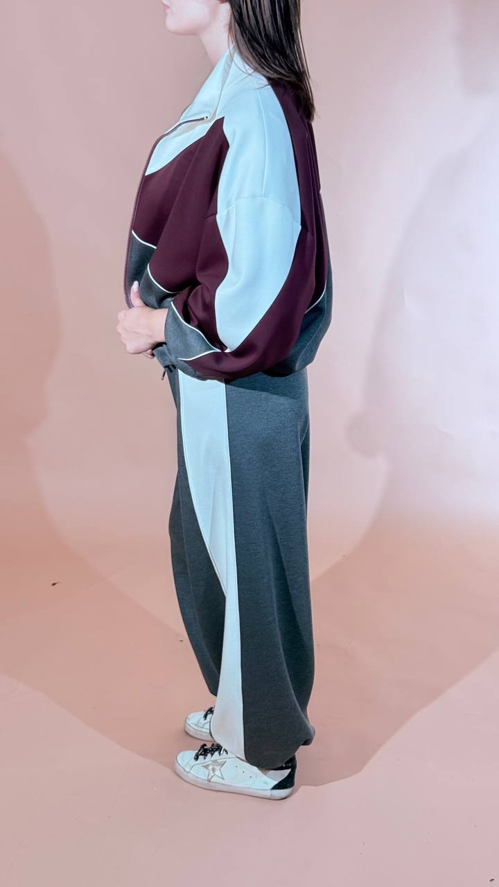 KONTATTO "olivia" pants bicolor elastico in vita polsino sul fondo CO2023C GRIGIO/PANNA 