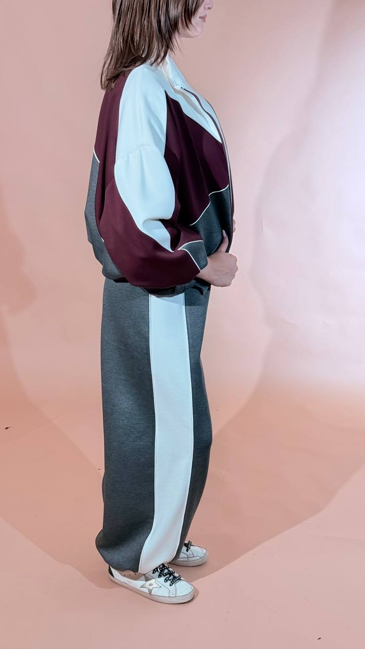 KONTATTO "olivia" pants bicolor elastico in vita polsino sul fondo CO2023C GRIGIO/PANNA 