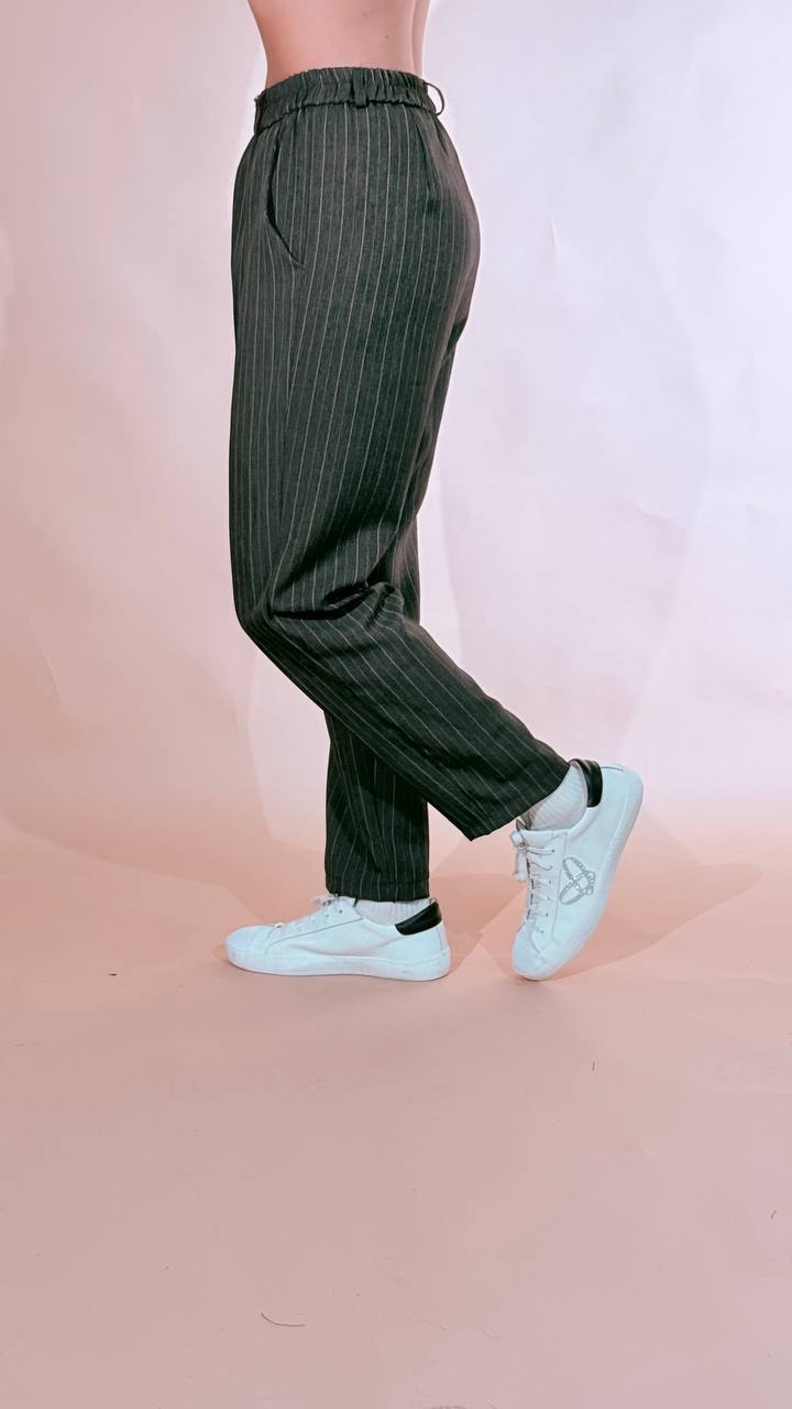 LEVA Pantalone gessato con cintura 2596 VERDE 