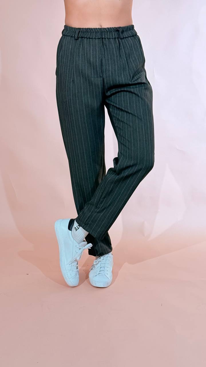 LEVA Pantalone gessato con cintura 2596 VERDE 