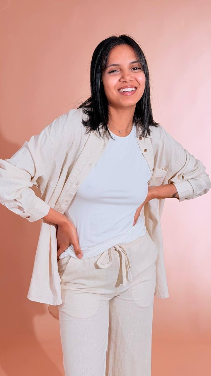 SOYA CONCEPT Set coordinato effetto lino camicia e pantalone 40791 CREMA 
