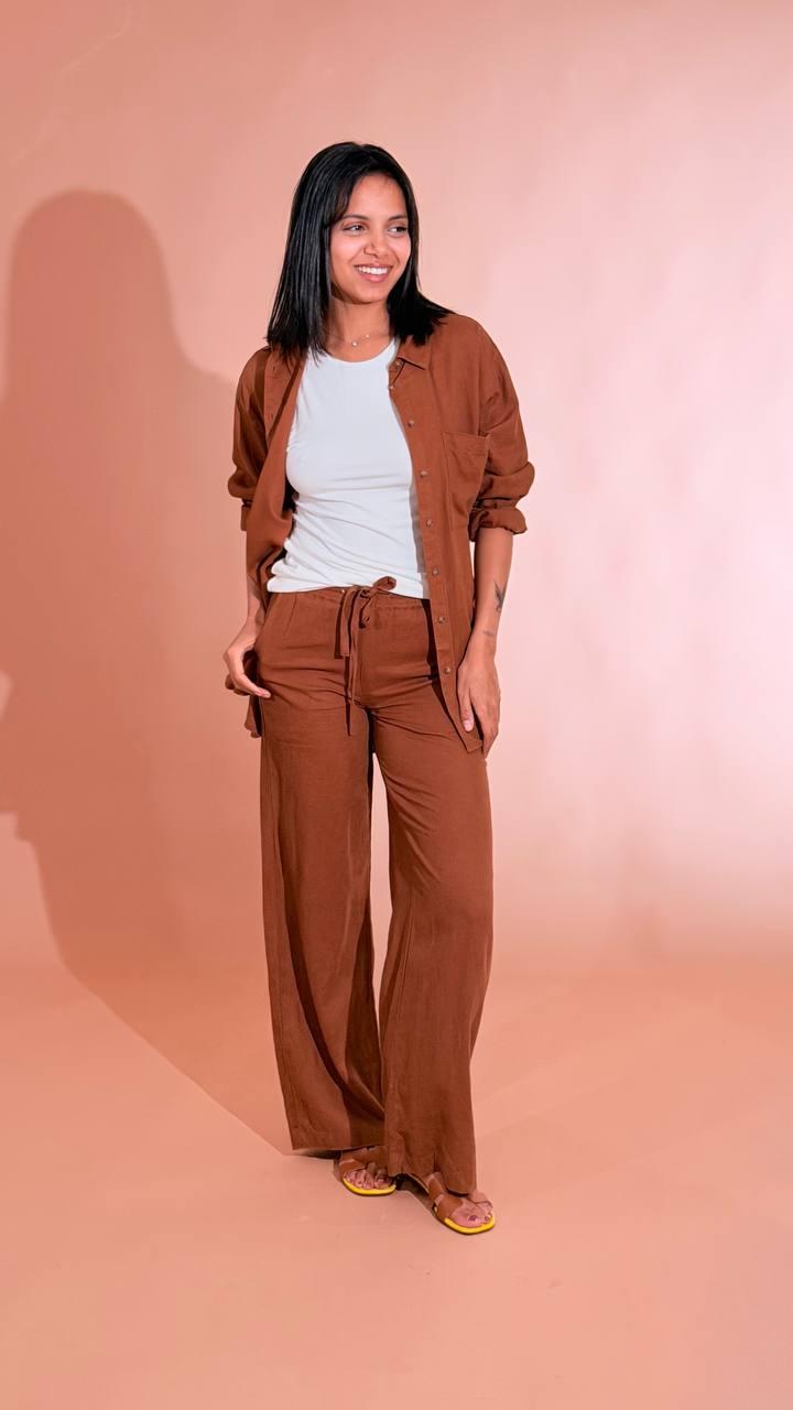 SOYA CONCEPT Set coordinato effetto lino camicia e pantalone 40791 CIOCCOLATO 