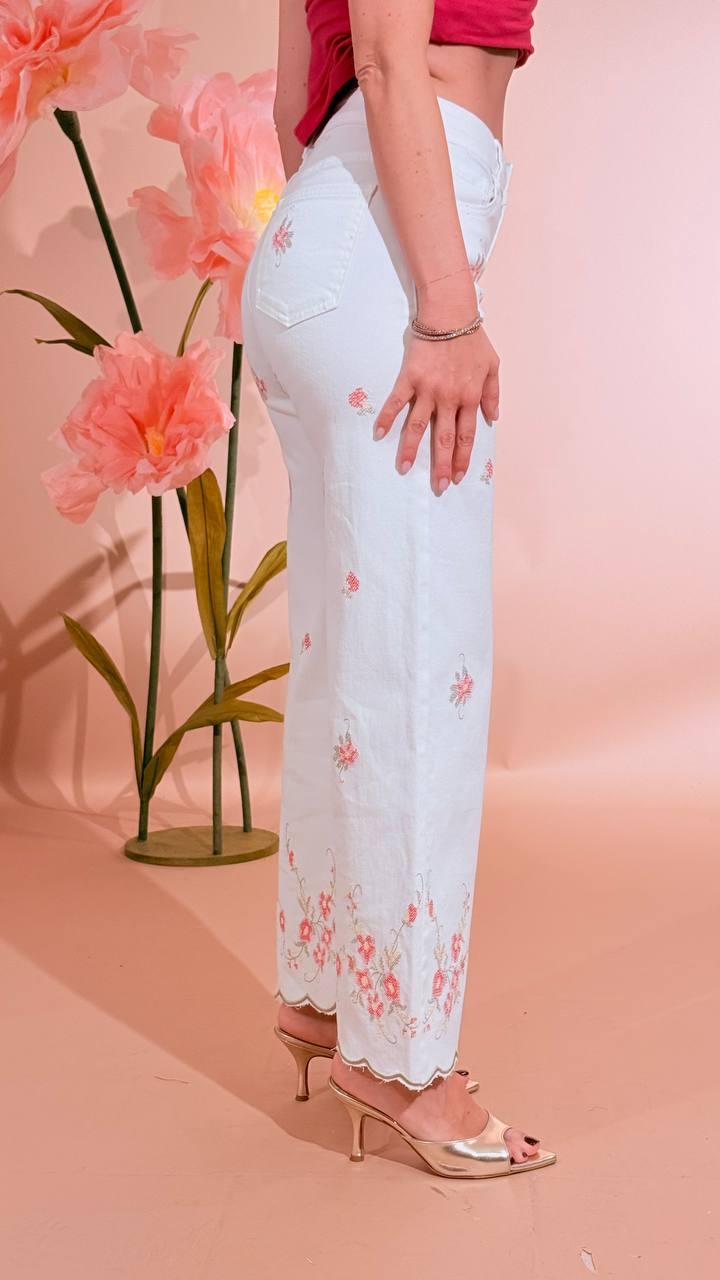 KONTATTO Pantalone ricami fiori ON112N BIANCO 