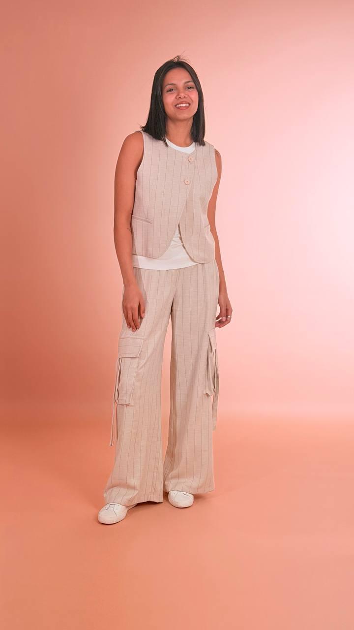TENSIONE IN Panta cargo gessato S26P840 BEIGE 