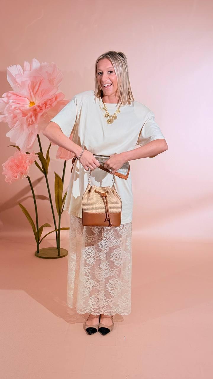 LEVA Borsa secchiello pelle/raffia SECCHIELLO CUOIO 