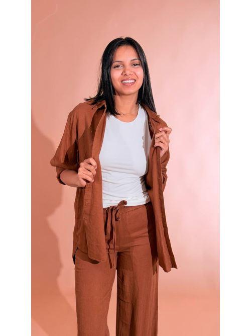 SOYA CONCEPT Set coordinato effetto lino camicia e pantalone 40791 CIOCCOLATO 
