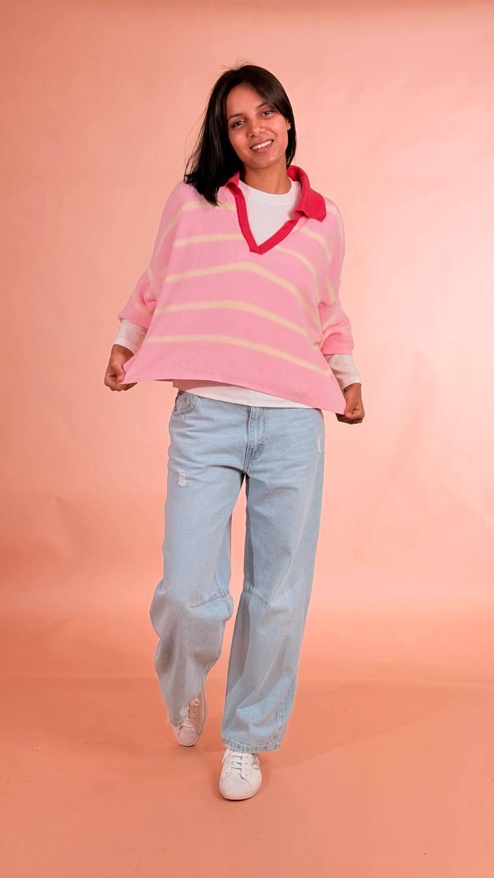 LEVA Polo in maglia rigata 100co YX25577 ROSA/GIALLO 