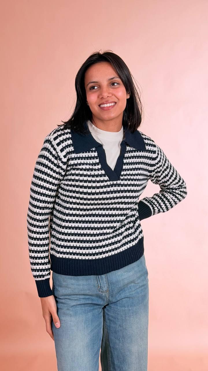 HAVE ONE Maglia polo rigata MNC-Q087 BLU/PANNA 