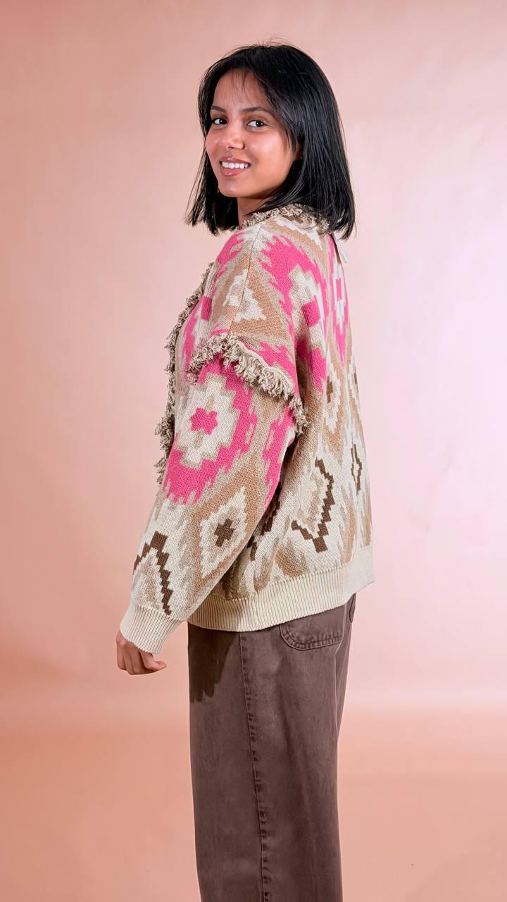 TENSIONE IN Cardigan rombi over 50%co 50%pc P6HMG28A414 FUCSIA 