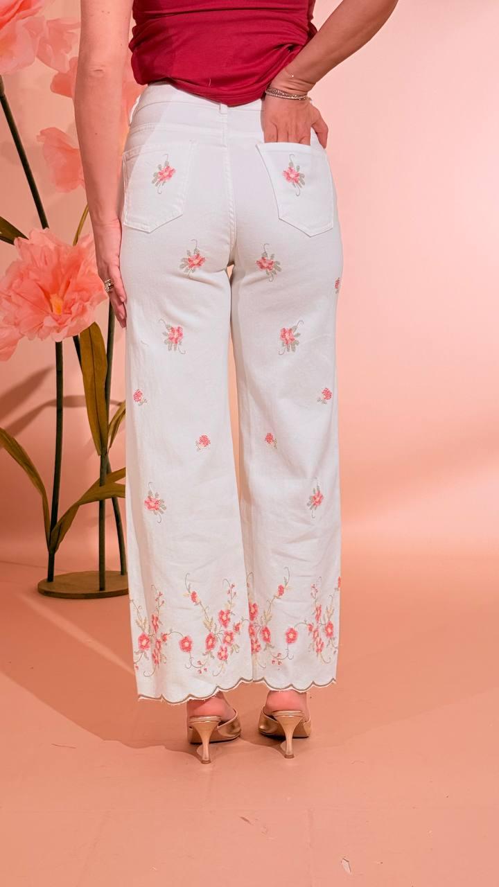 KONTATTO Pantalone ricami fiori ON112N BIANCO 