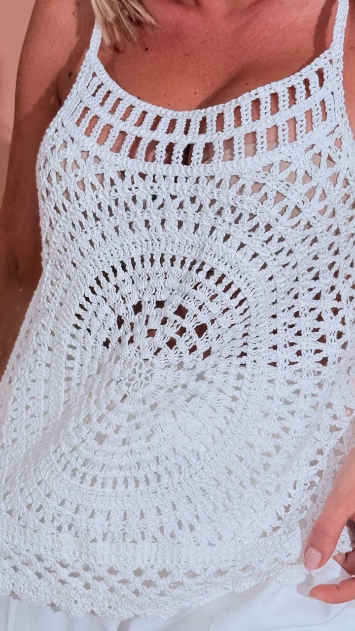 LEVA Top spallino sottile crochet 1506 BIANCO 