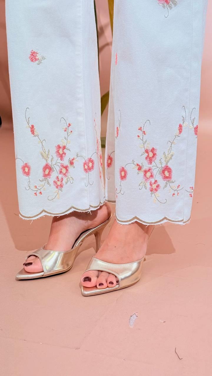 KONTATTO Pantalone ricami fiori ON112N BIANCO 
