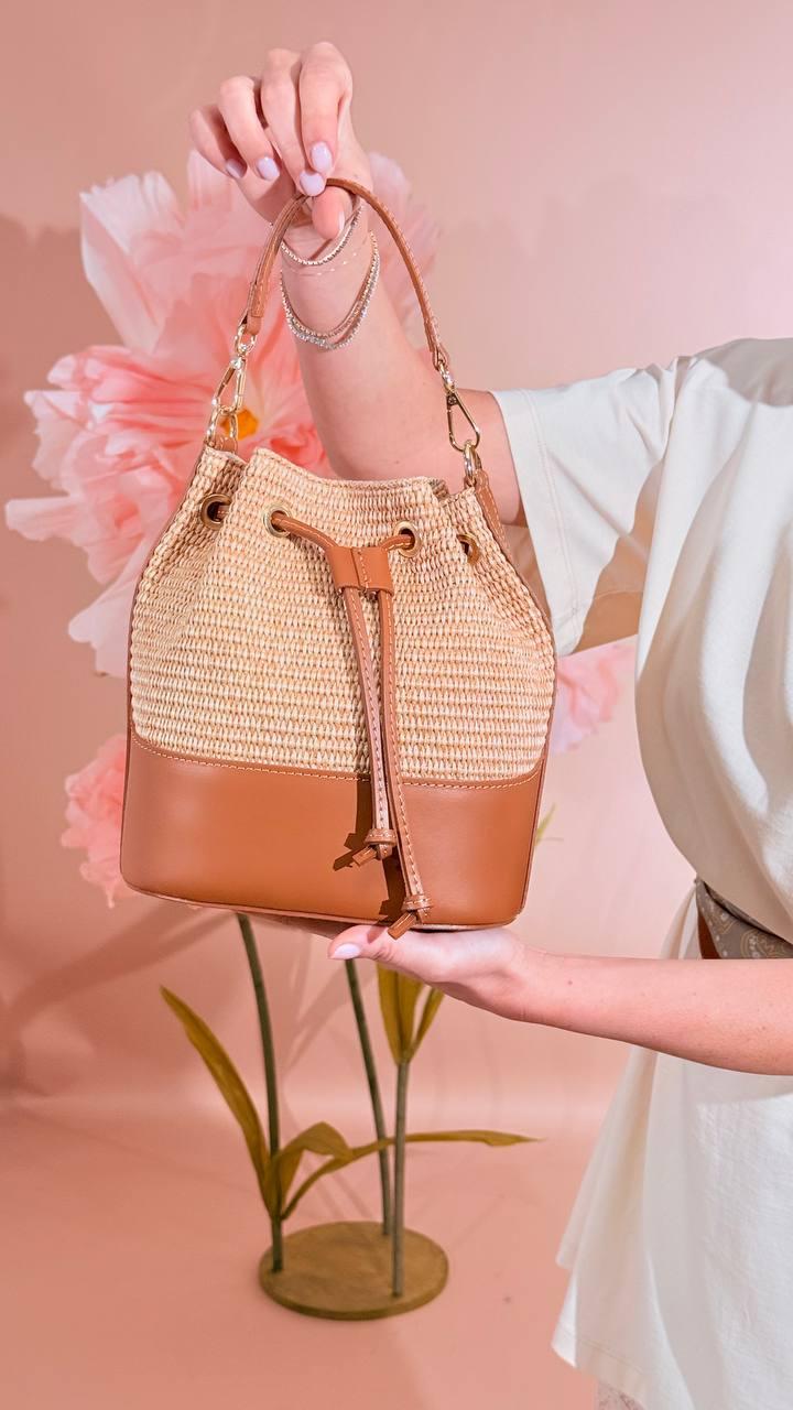 LEVA Borsa secchiello pelle/raffia SECCHIELLO CUOIO 