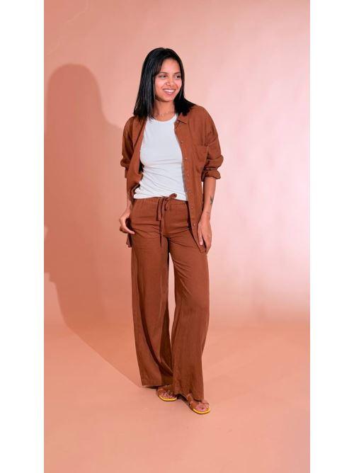 SOYA CONCEPT Set coordinato effetto lino camicia e pantalone 40791 CIOCCOLATO 