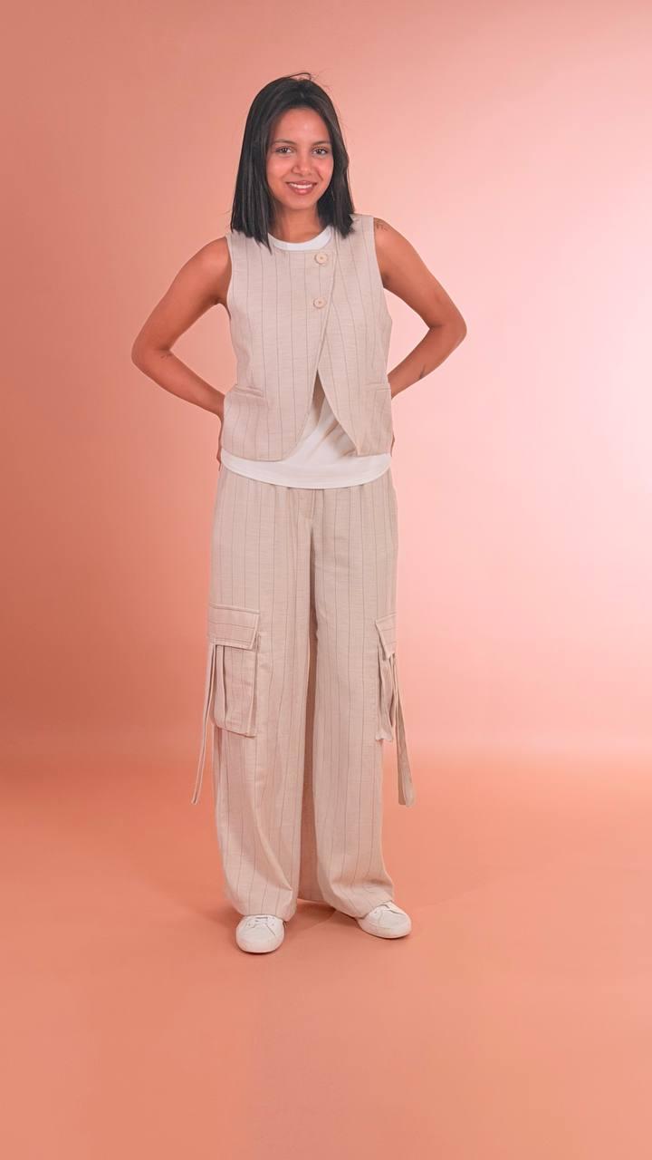 TENSIONE IN Panta cargo gessato S26P840 BEIGE 