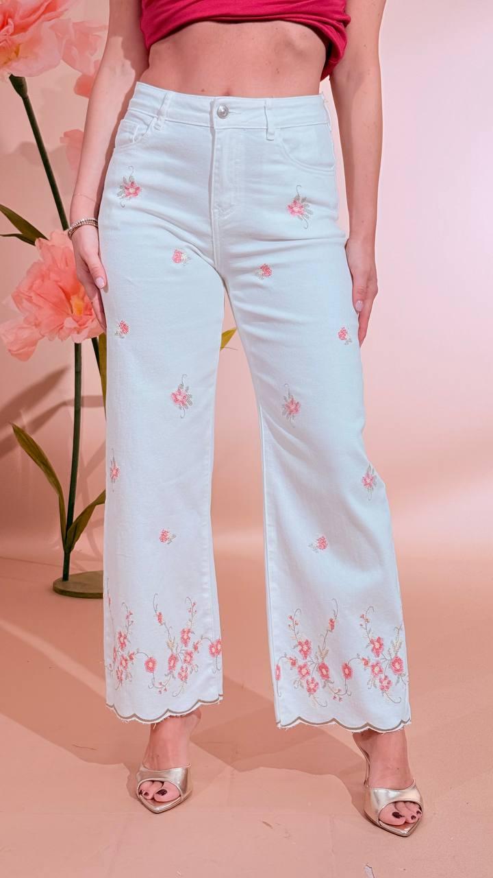 KONTATTO Pantalone ricami fiori ON112N BIANCO 