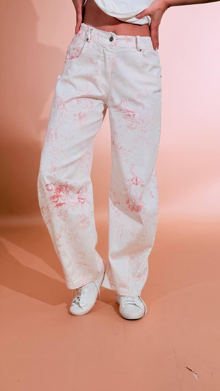 MOTEL Pantalone stampa floreale S26P990 AVORIO/ROSA 
