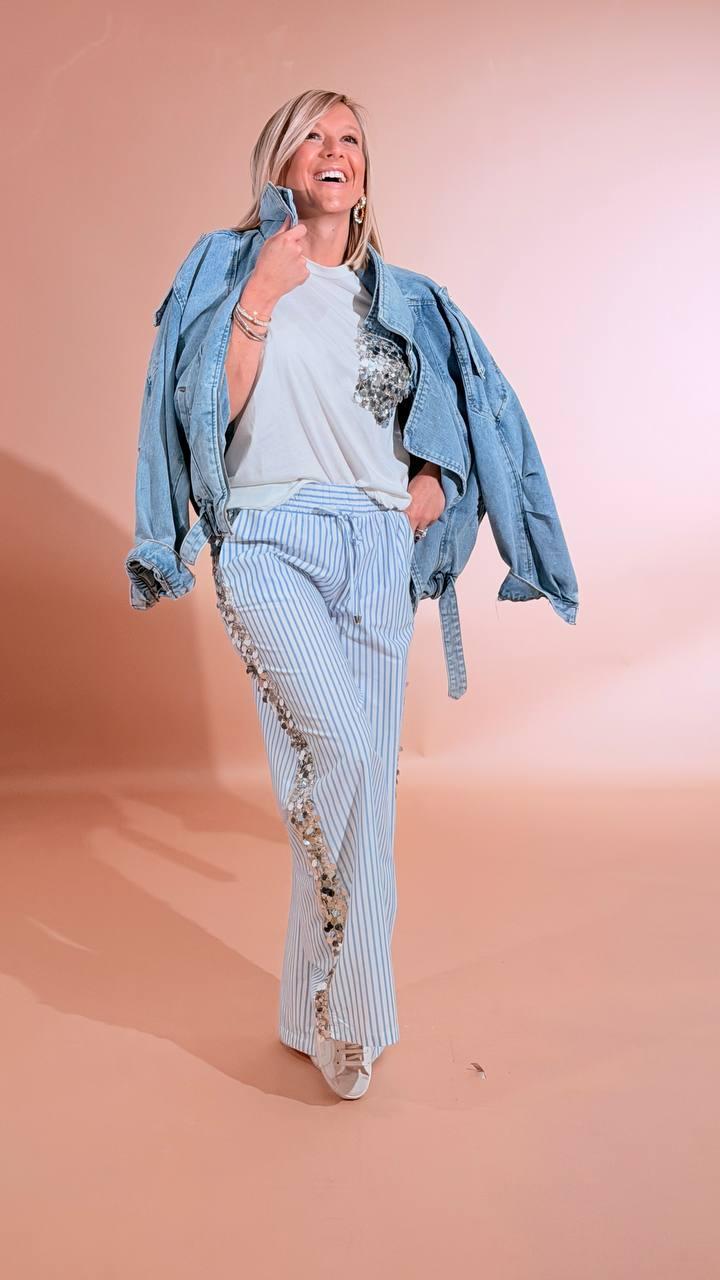 MOTEL Pantalone banda paillettes S26PD36 AZZURRO 