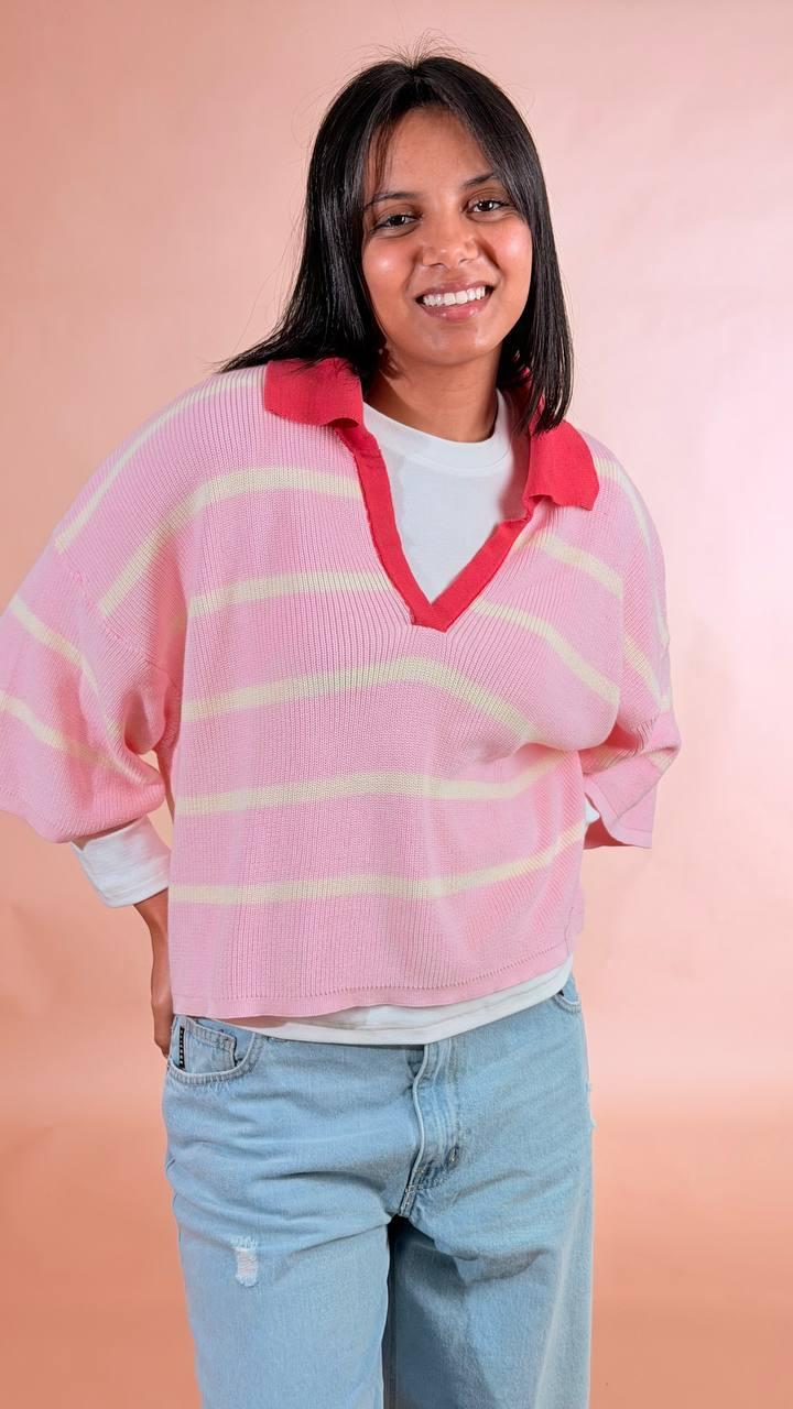LEVA Polo in maglia rigata 100co YX25577 ROSA/GIALLO 