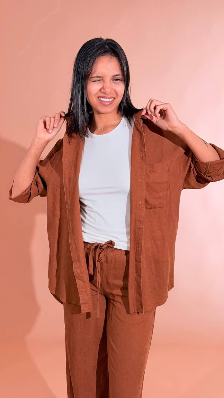 SOYA CONCEPT Set coordinato effetto lino camicia e pantalone 40791 CIOCCOLATO 