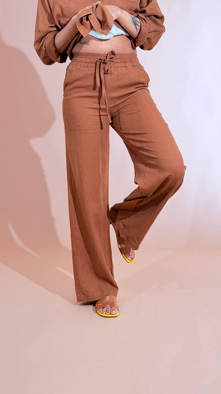 SOYA CONCEPT Set coordinato effetto lino camicia e pantalone 40791 CIOCCOLATO 
