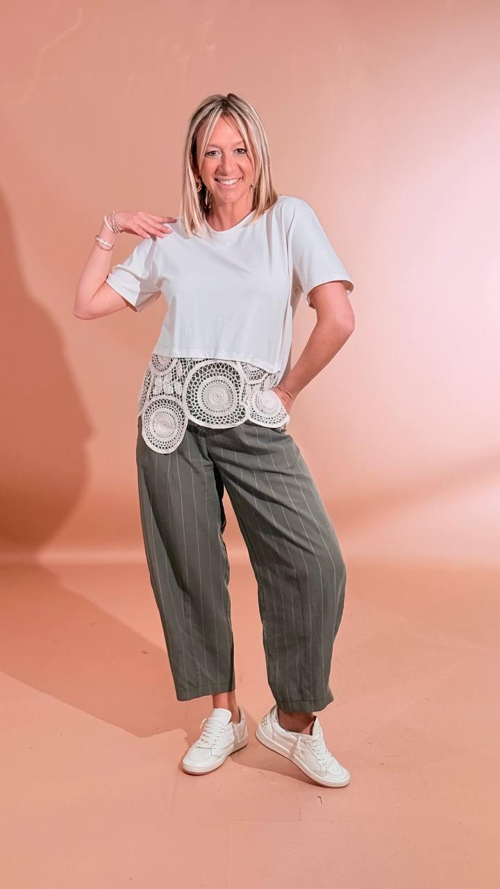LEVA Pantalone balloon gessato P1552 VERDE MILITARE 