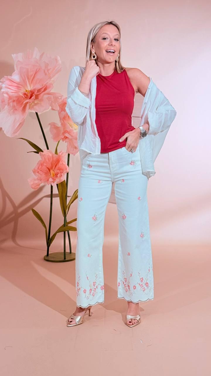 KONTATTO Pantalone ricami fiori ON112N BIANCO 