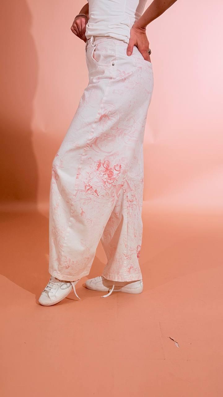 MOTEL Pantalone stampa floreale S26P990 AVORIO/ROSA 