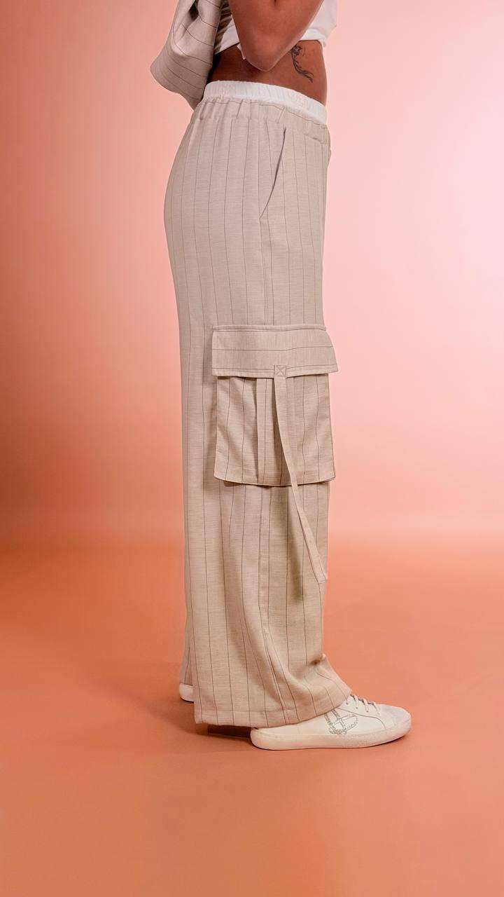 TENSIONE IN Panta cargo gessato S26P840 BEIGE 