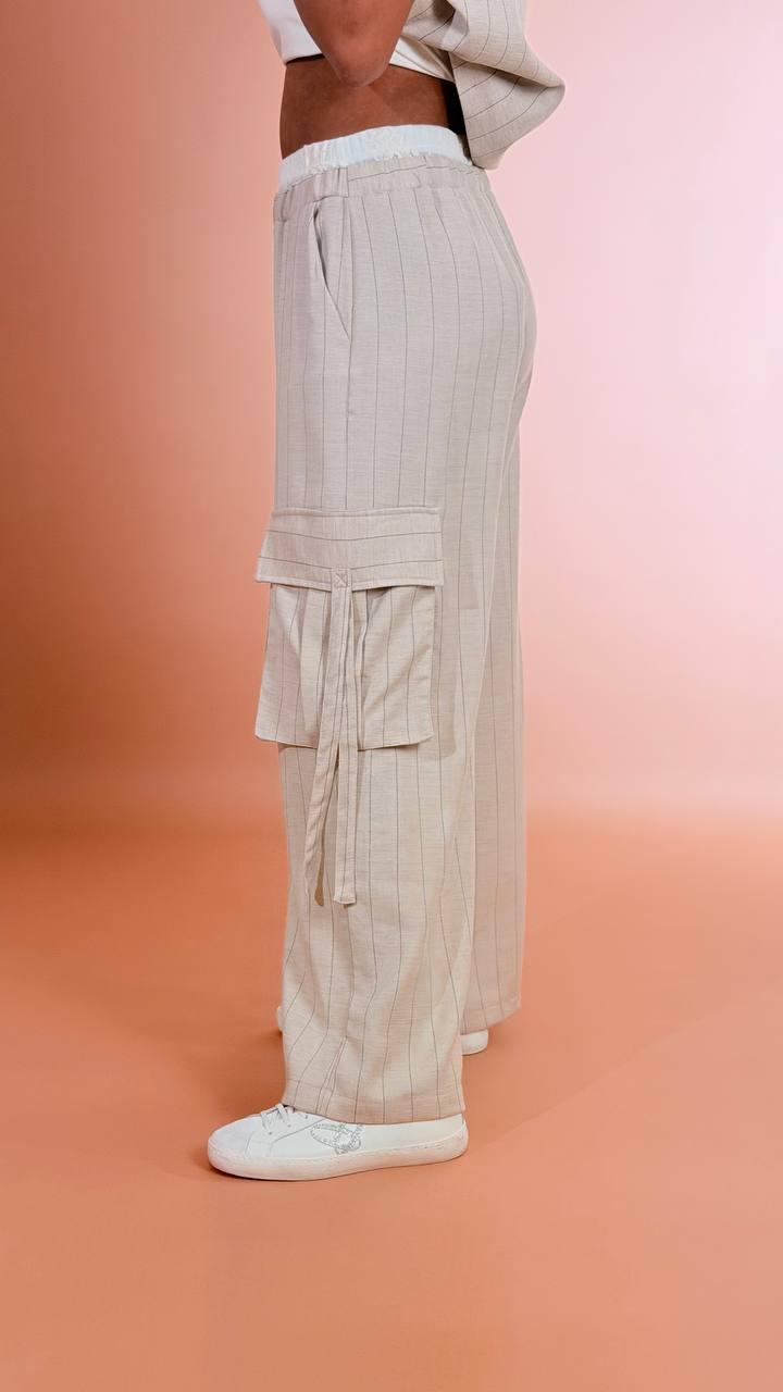 TENSIONE IN Panta cargo gessato S26P840 BEIGE 