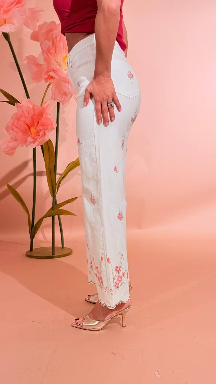 KONTATTO Pantalone ricami fiori ON112N BIANCO 