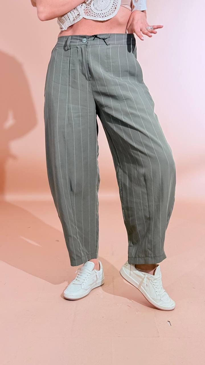 LEVA Pantalone balloon gessato P1552 VERDE MILITARE 