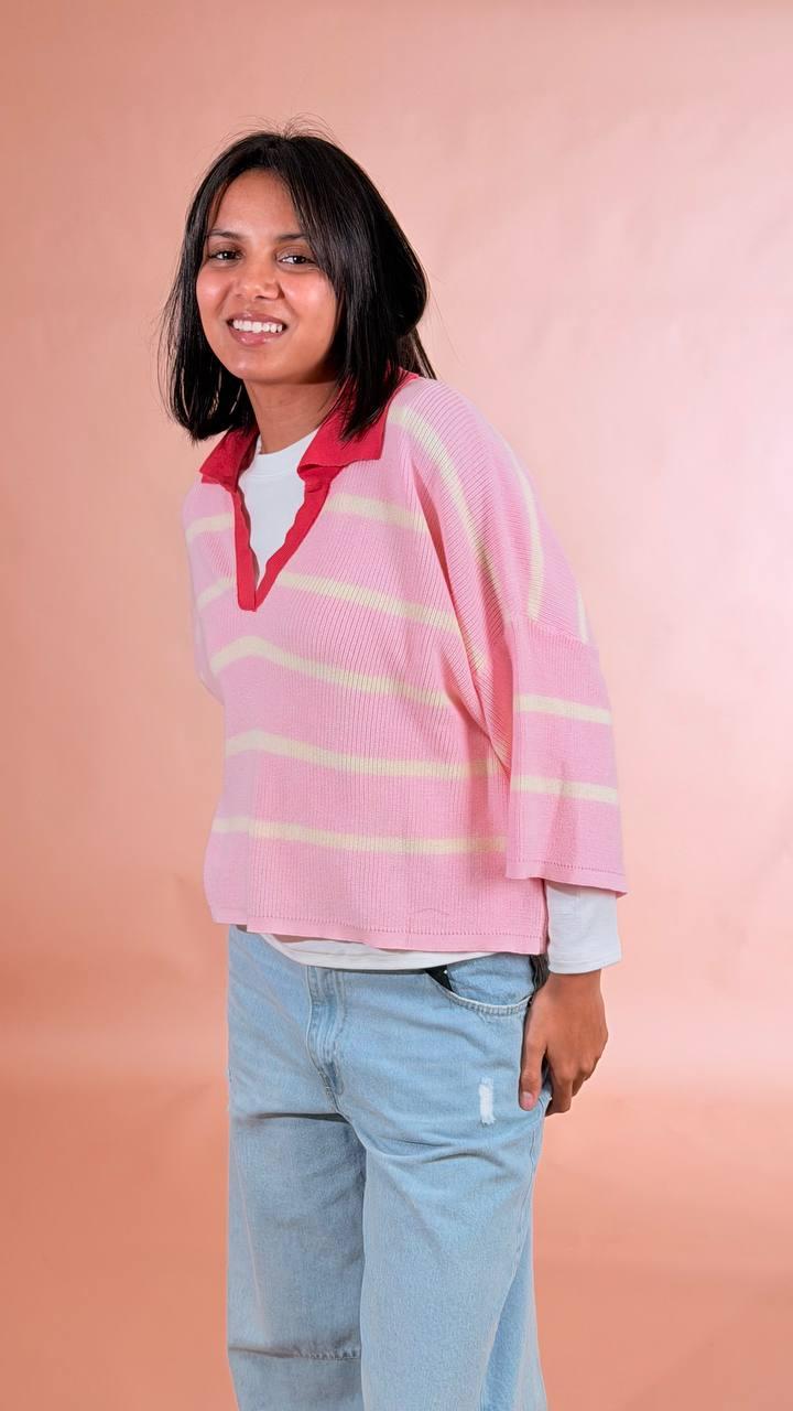 LEVA Polo in maglia rigata 100co YX25577 ROSA/GIALLO 