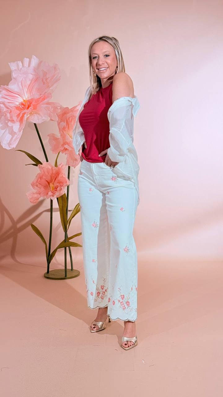 KONTATTO Pantalone ricami fiori ON112N BIANCO 